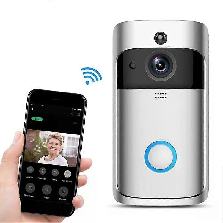 720Pスマートビデオドアベル-WIFI、ナイトビジョン、166°広角レンズ、3つのバッテリースロット、シルバーシルバー