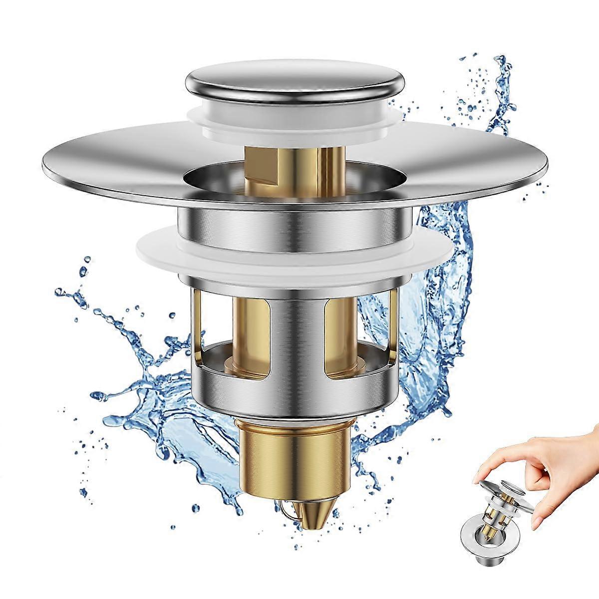 Bathroom Sink Stopper, 2 in 1 Brass Pop-up Drain Strainer for 1.1-1.5 in Sinks, Fast Drain Anti-Clog Hair Catcher