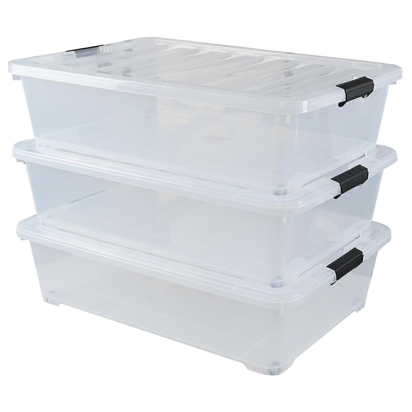 50 Quart Wheel Wheel Layer Storing Box, Stacking Box with Maple Cover, Plastic Container to Arrange Shoes Under Bed (3 -Package Package)