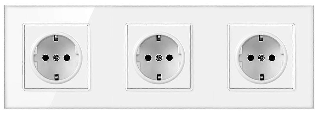 Eu Plug Wall triple socket 16A 250V Power 3 Gang Outlets White Glass Panel Germany Electrical Sockets