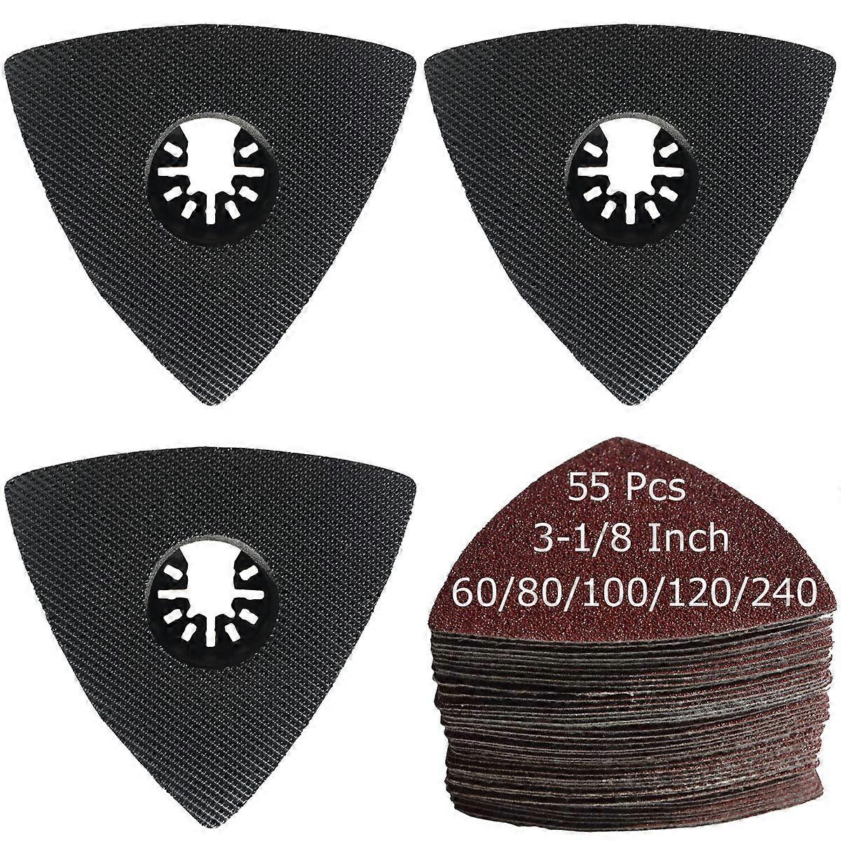 3-1/8' Triangular Multitool Sanding Pads Kit - 55 Pcs Sandpaper (60/80/100/120/240 Grit), 3 Pcs Aluminium Oxide Pads