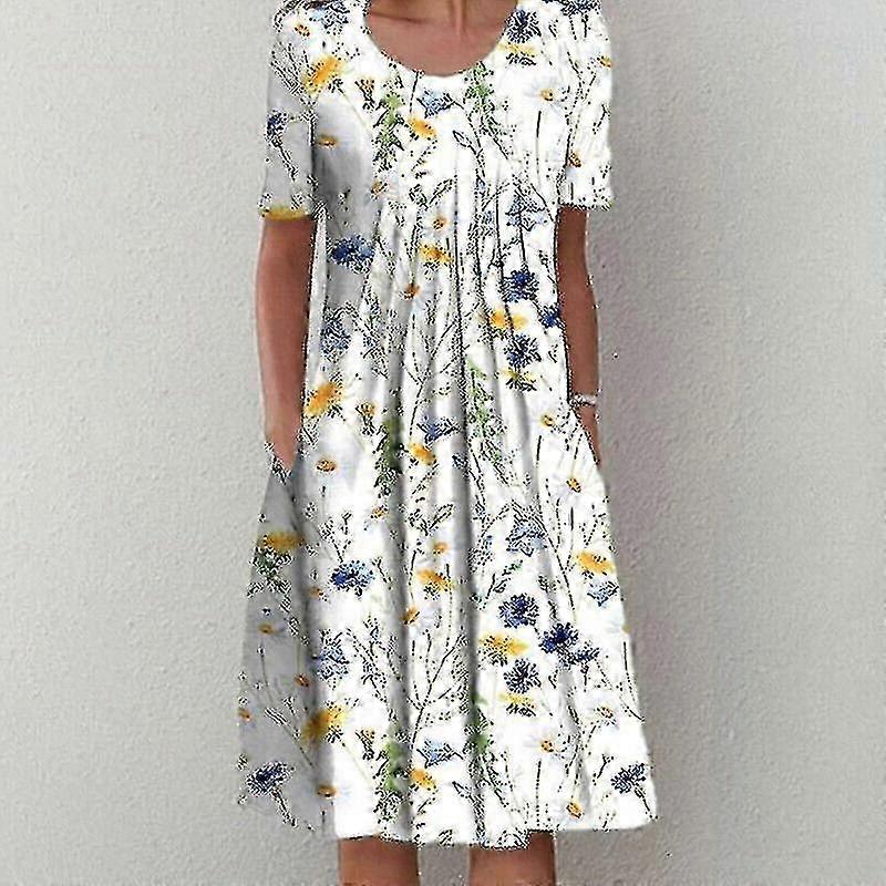 Kukka-aiheinen midimekko varten Taskut & Laskostettu Naiset, Kesä Pyöreä kaula-aukko Lyhythihainen