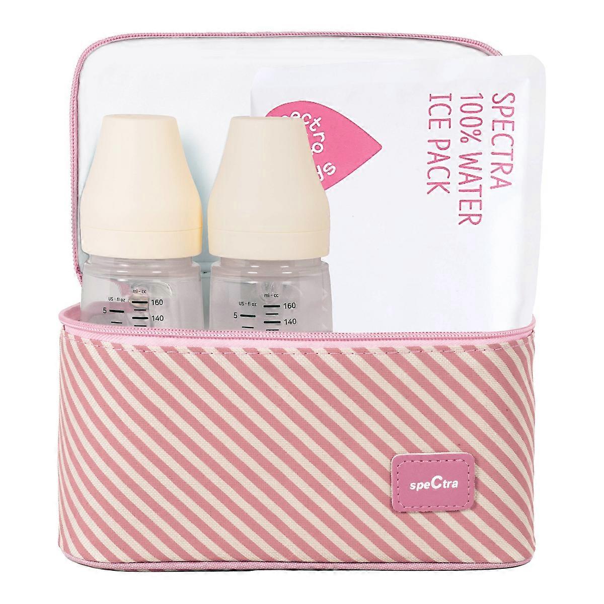 Spectra Pink Striped Cooler With Ice Pack And Breast Milk Bottles Kit