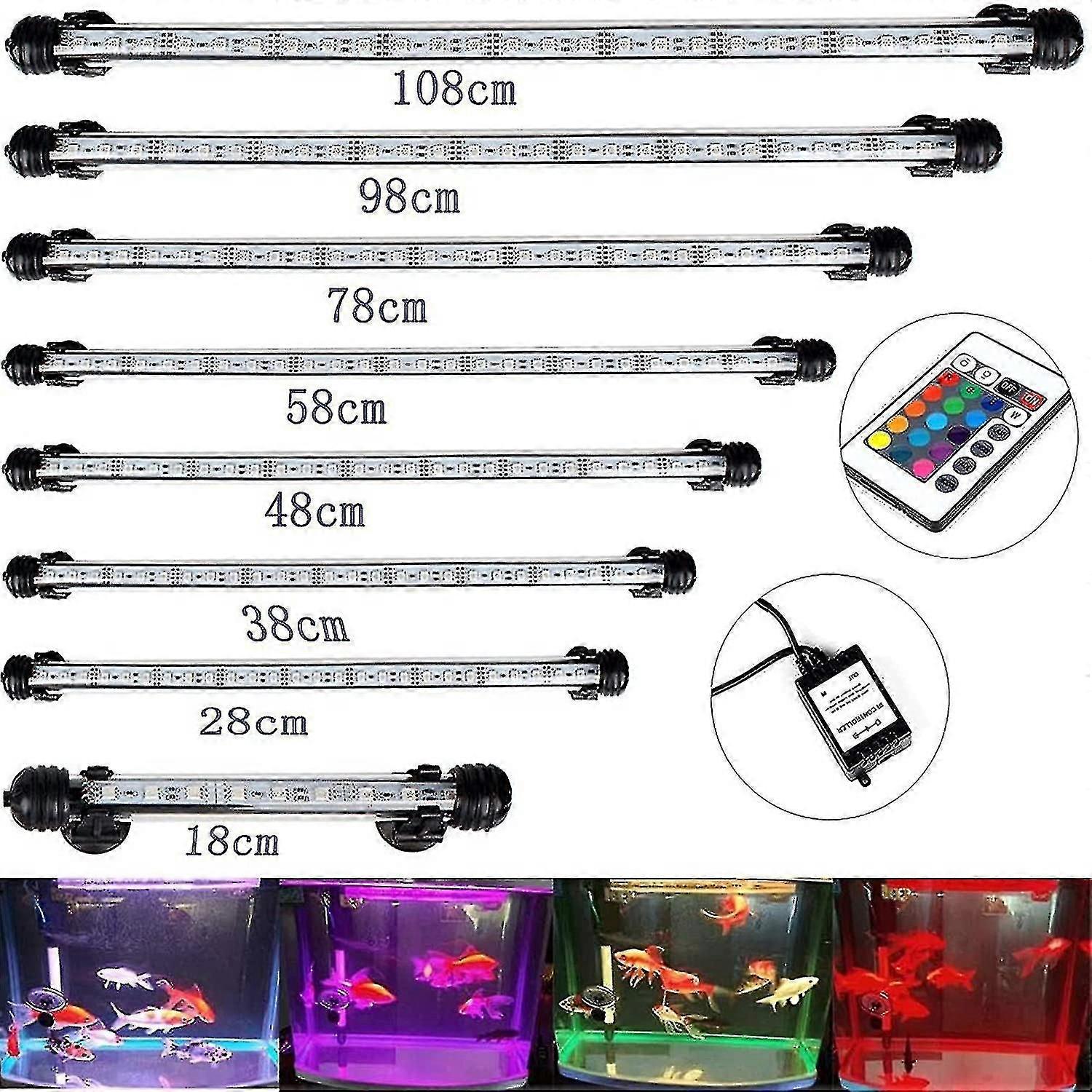 ضوء حوض السمك LED ، إضاءة تحت الماء ، أنبوب غوص مقاوم للماء RGB Ip68 ، مع جهاز تحكم عن بعد ، 15 مصباح 5050 SMD ، 28 سم ، 3.8 واط