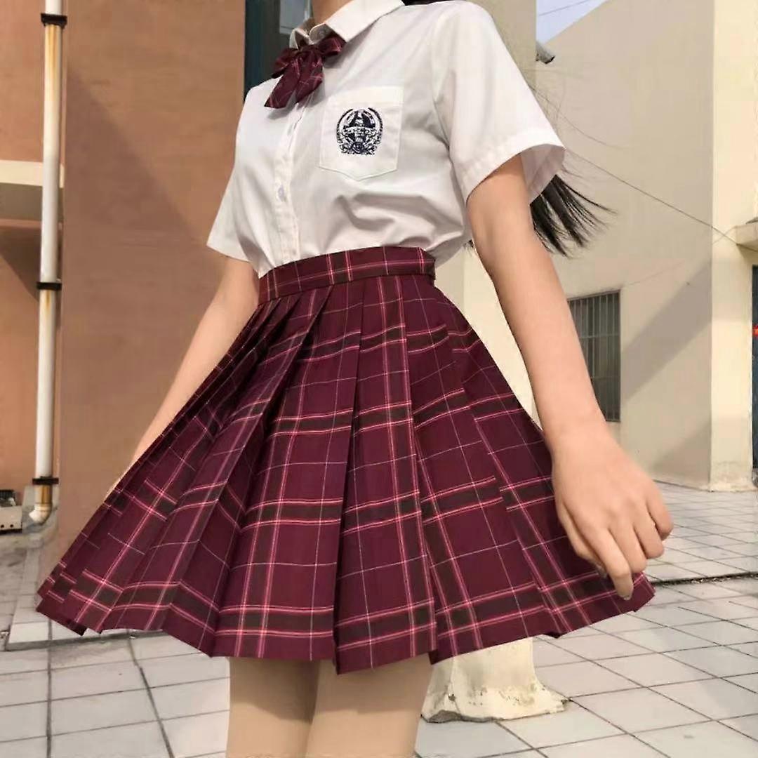 3Pcs Women Anime School Uniform Set Wine Red Pleated Skirts Summer JK Shirt Long Sleeve Jacket With Mini Plaid Skirt Suit