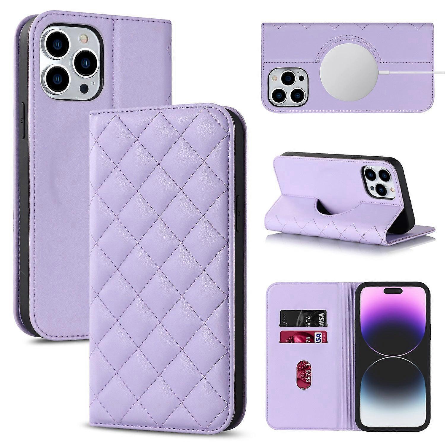 Veske Til Iphone 14 Pro Max Lilla Lær Trådløs Lading Ins Magnetisk Flip