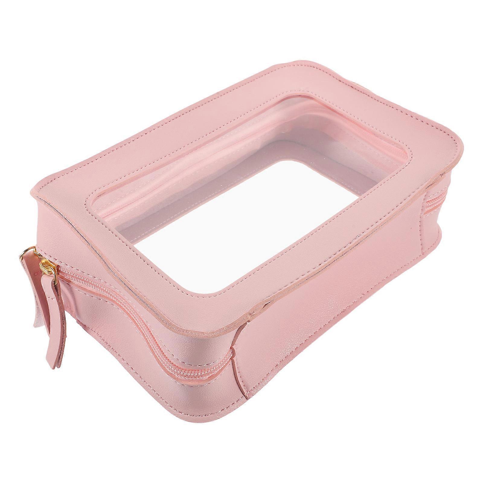 Portable Makeup Pouch Women Travel Use Pink PVC Material Rectangular Shape For Leisure Walking 9.1 6.1 2.8in 1Pcs