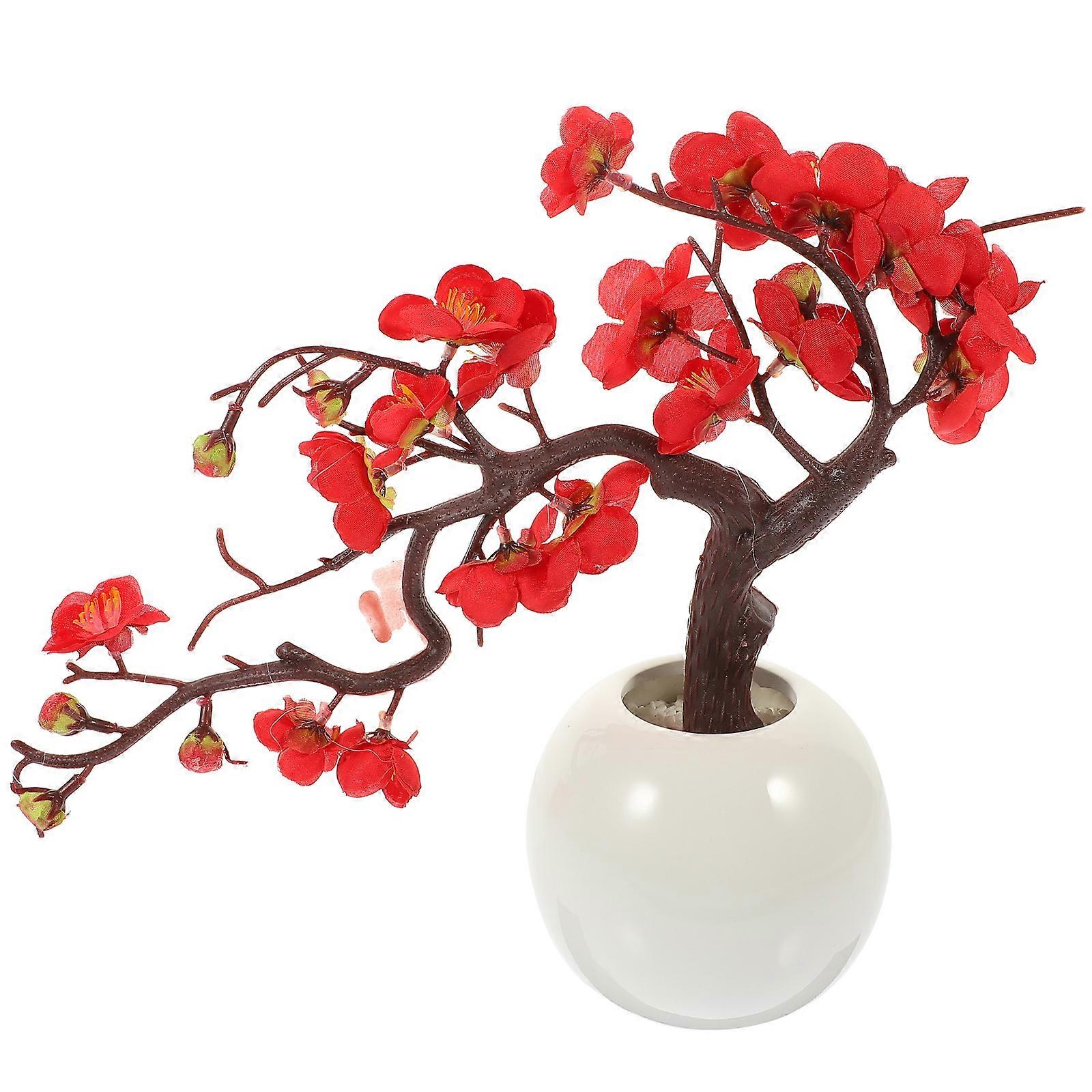 Plum Artificial Flowers Red Plastic Potted Bonsai Elegant Design Decoration 1Pack