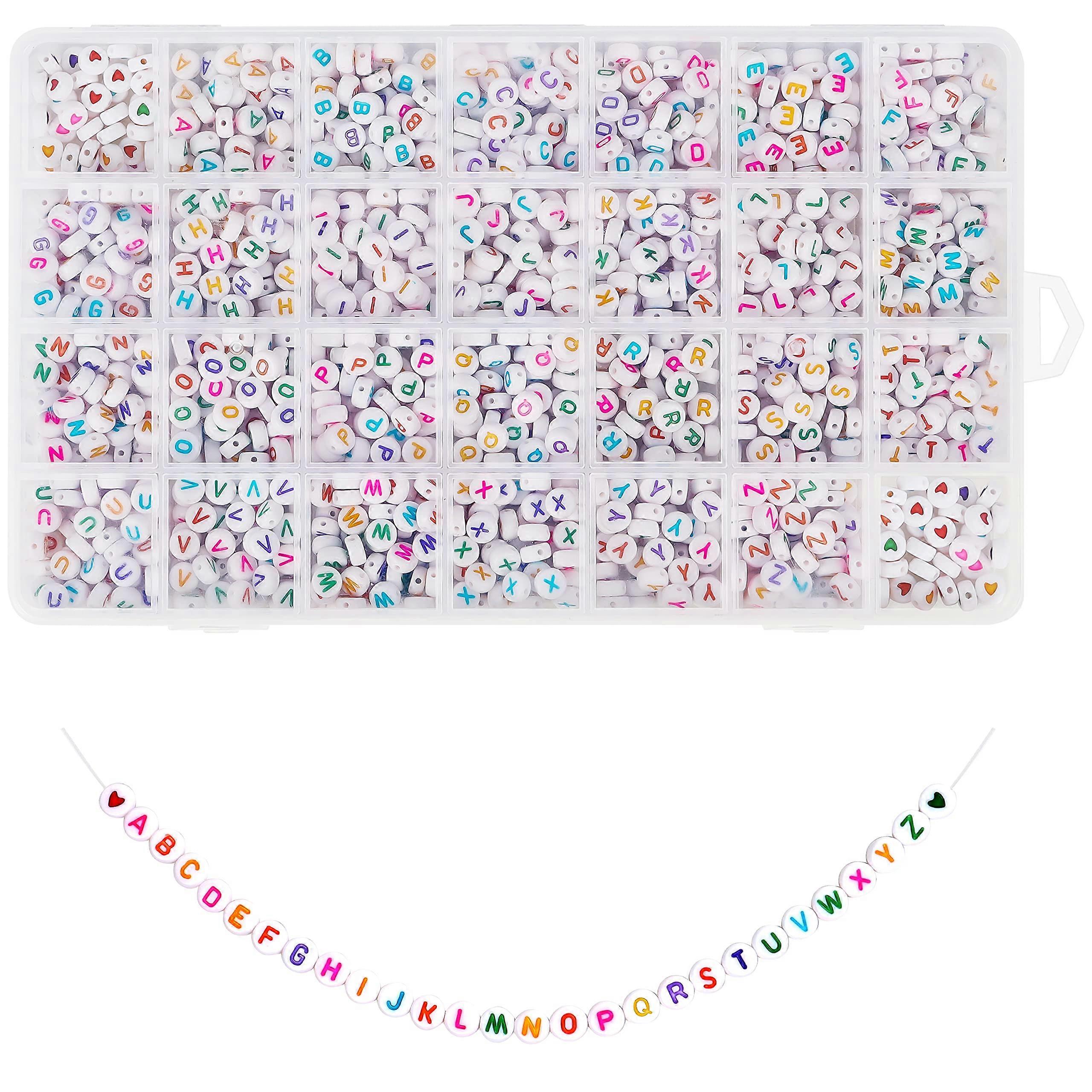 Alphabet Letter Beads A-Z - White Beads with Colorful Letters for Jewelry Making and Craft Projects