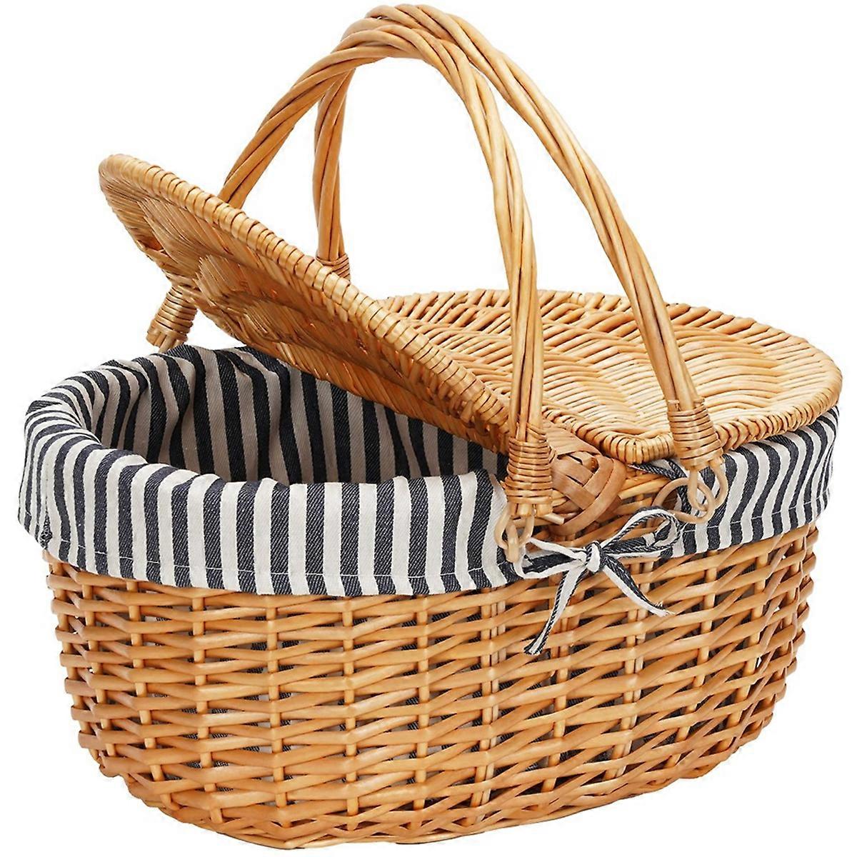 Wicker Picnic Basket with Lid,Wicker Basket with Handle and Liner, Handmade Shopping Basket,Braided