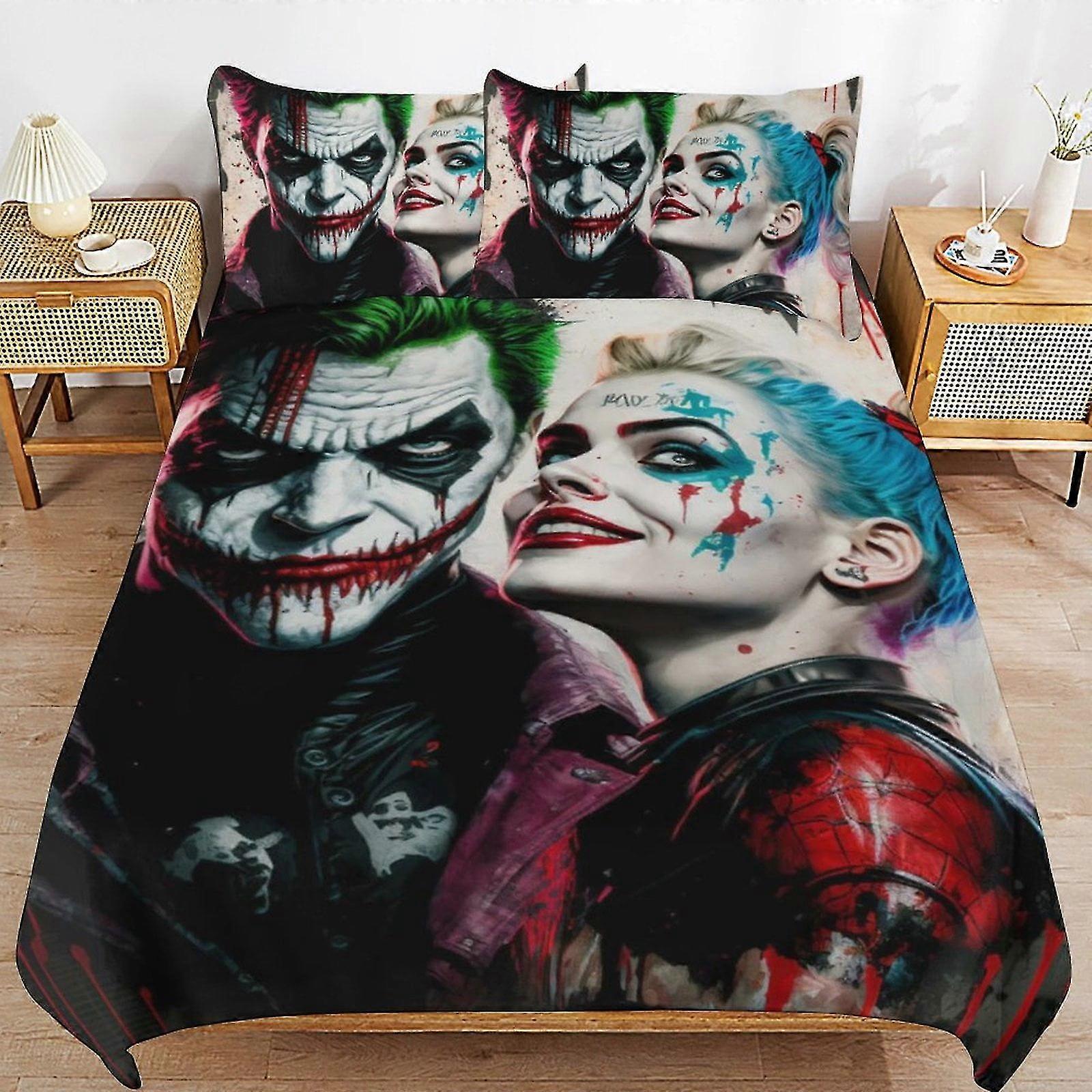 Conjuntos de Cama de Desenho Animado Fofos com Design Joker e Harley Quinn, 1 Capa de Edredom e 2 Travesseiros, Decoração de Quarto Leve 8670