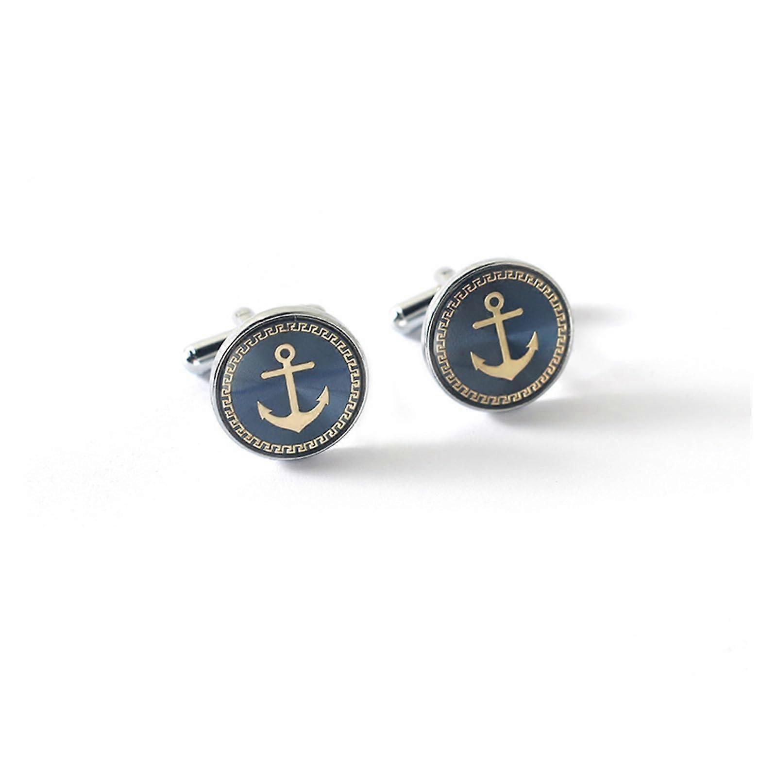 Manschettenknöpfe mit Blauem Abzeichen für Herrenhemd, Karierter Stil, Elegante Herrenschmuck Anstecknadel für Anzug