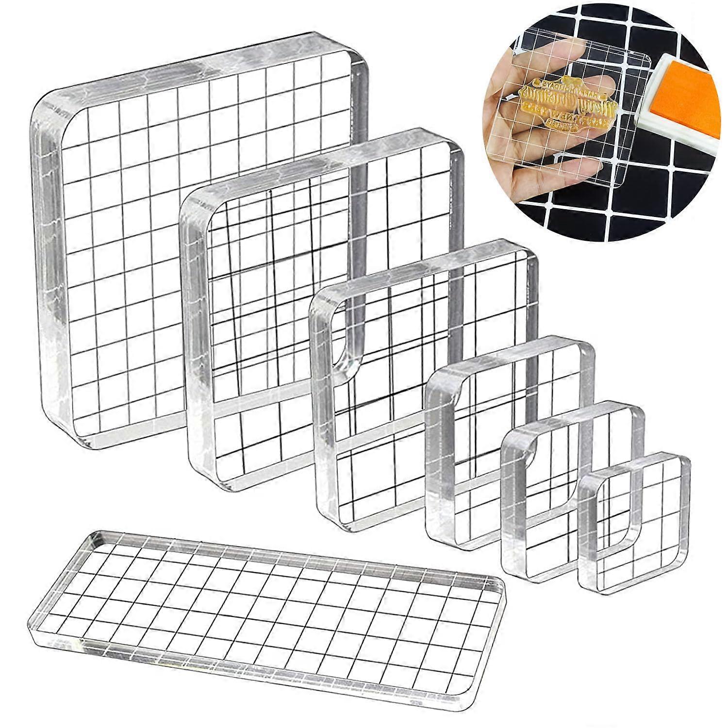 7Piece Acrylic Stamp Block Set for Silicone Stamps, DIY Clear Stamp Blocks with Grid for Scrapbooking, Photo Albums, Journals, and Crafts (Square)