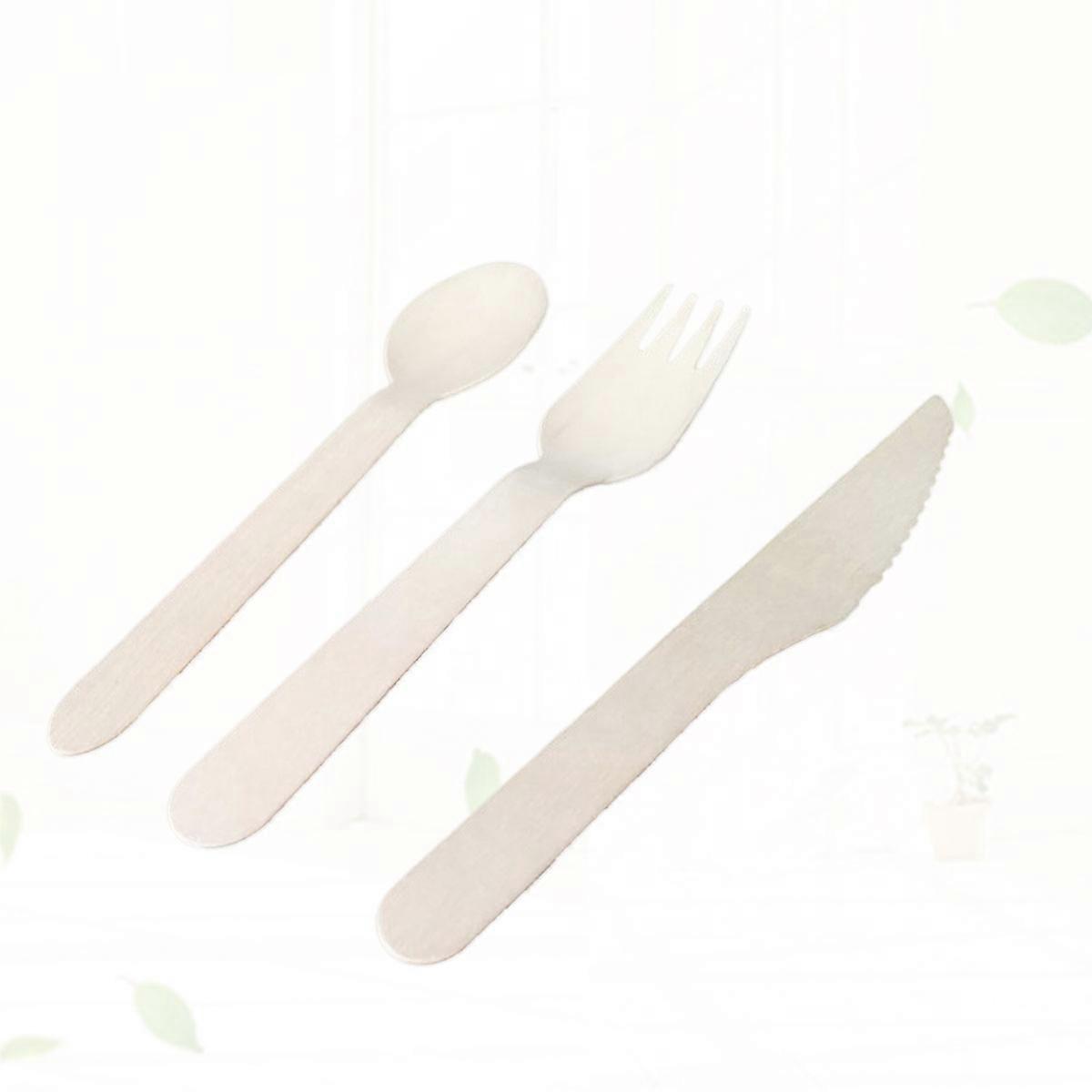 Wooden Set for Camping Use Biodegradable and Safe Utensils with Ergonomic Handles Beige Pieces
