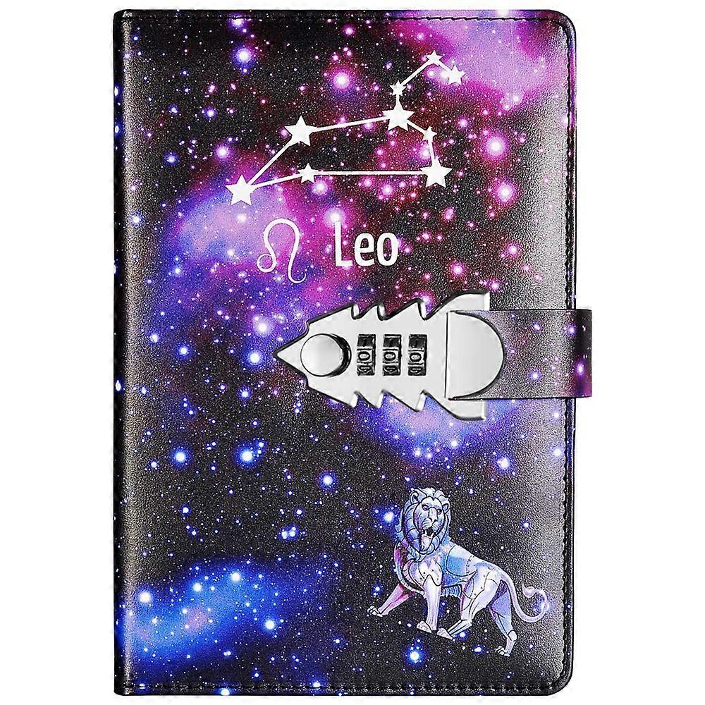 Leather Secret Diary with Combination Lock, Travel Journal for Kids, Zodiac Sign Design - TPN145 Leo Model