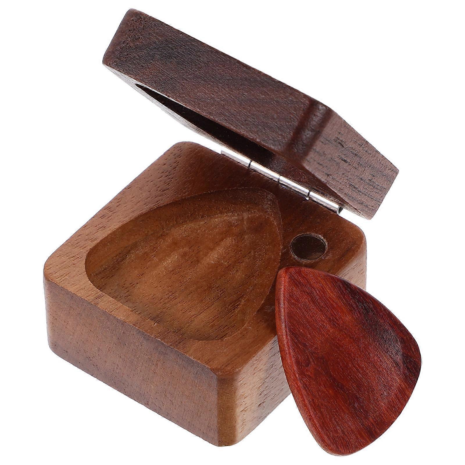 Wooden Guitar Pick Holder with Storage Case for Picks Crafted in Coffee Color Portable Design