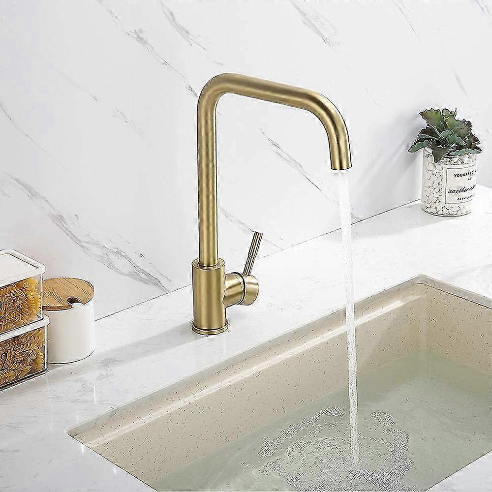 Brushed Gold 7-Shape Kitchen Sink Mixer Tap - 360�� Rotatable Faucet with Removable Aerator, SUS304 Stainless Steel Design
