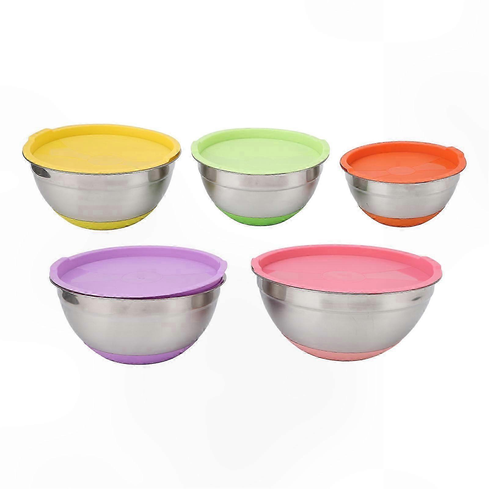 5-Piece Kitchen Mixing Bowls with Lids, Stainless Steel Color Nesting Set for Baking, Cooking, Prepping, Serving, Silicone Anti-Slip Base