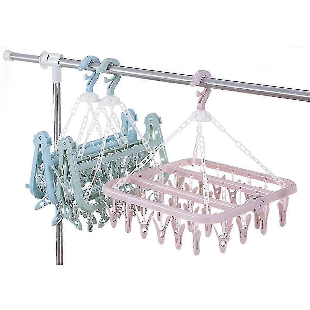 New Foldable Sock Hangers With 32 Pegs, Clips & Rotary Hooks (Pink) - Ideal for Clothing Storage