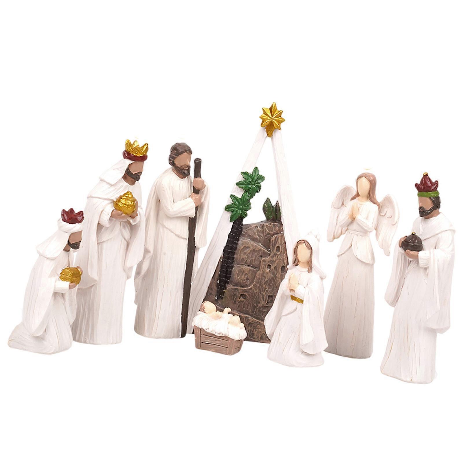 Christmas Nativity Figurines Resins Nativity Scene Statue with Stable Holy Family Statue Table Centerpieces Home Decors Multicolor