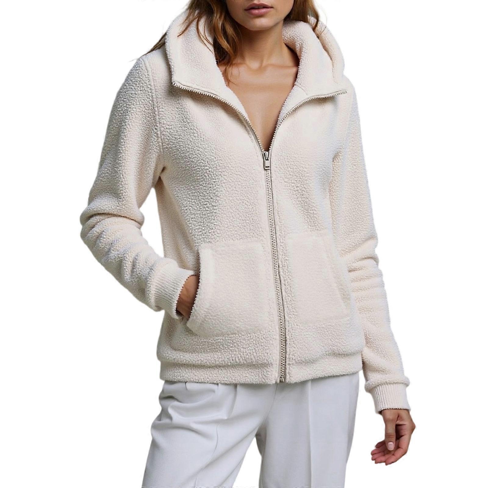 Termikus gyapjú fuzzy cipzáras kapucnis kabát nőknek téli meleg hétköznapi viselet laza elülső zsebek pulóver felsőruházat fehér XL