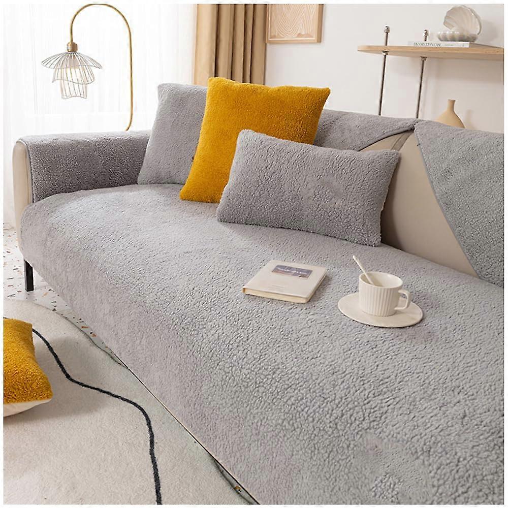 Sofa Slipcover Corner L Shape For 1/2/3/4 Seater, Universal Non Slip Sherpa Fabric Protector, Light Grey 70x70cm