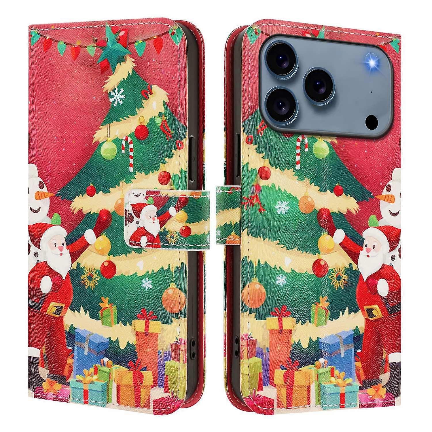 For iPhone 17 Pro Wallet Case Christmas Pattern Printing Leather Phone Cover with Lanyard