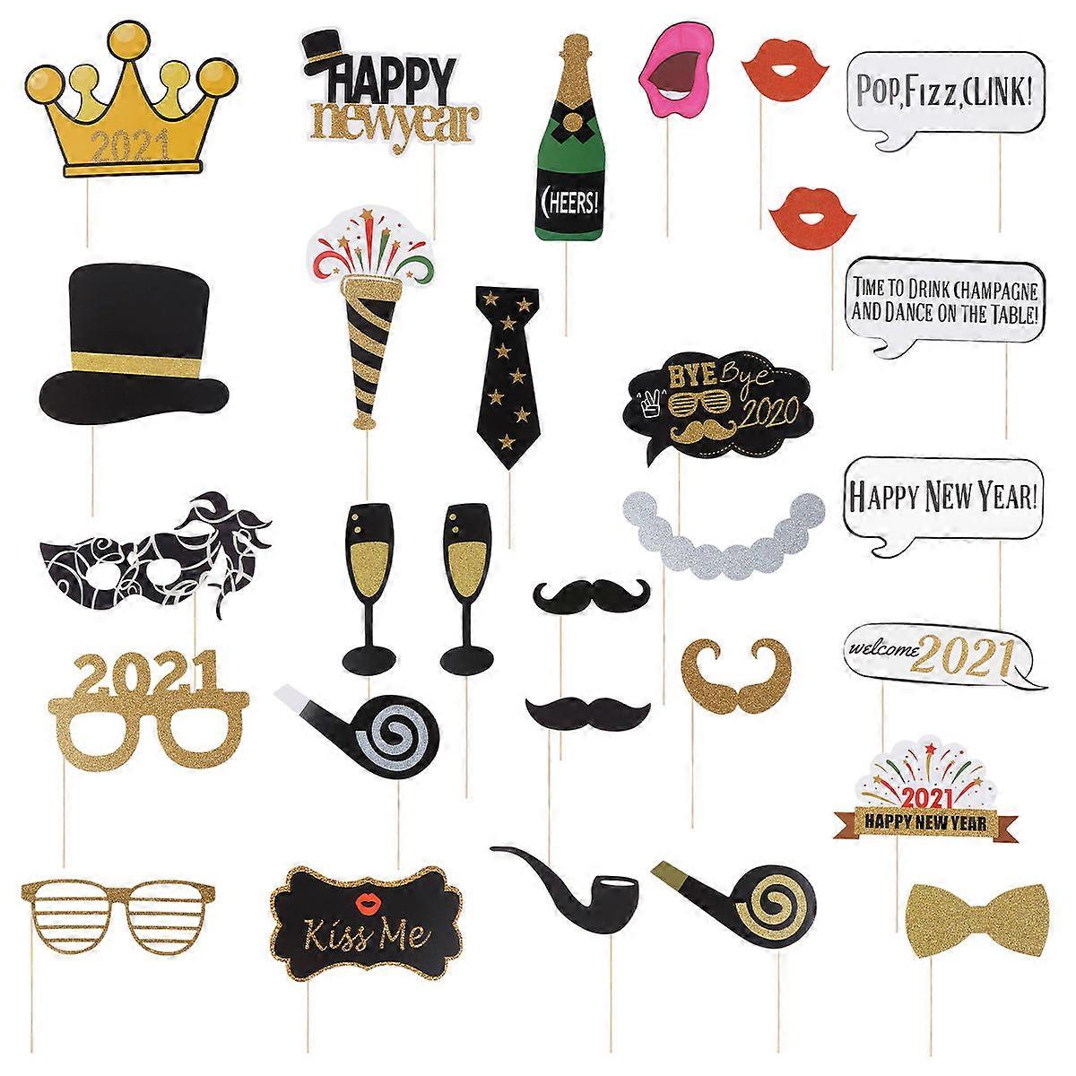New Year Photo Booth Props Paper Handheld Selfie Props 58Pcs