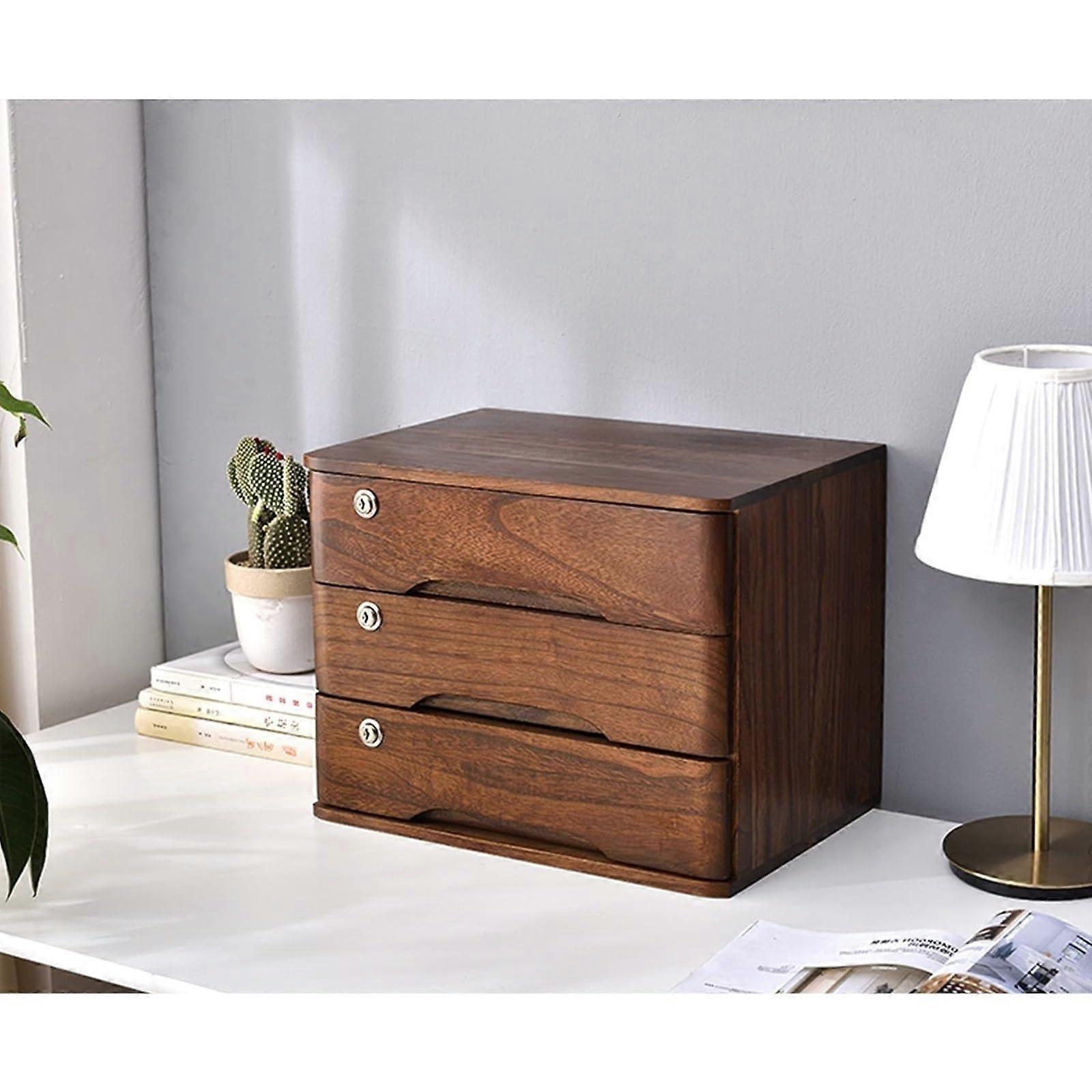 Desktop File Cabinet Solid Wood Desk Organizer Box With Lockable Drawers 3Layer Flat File Storage For Office Supplies