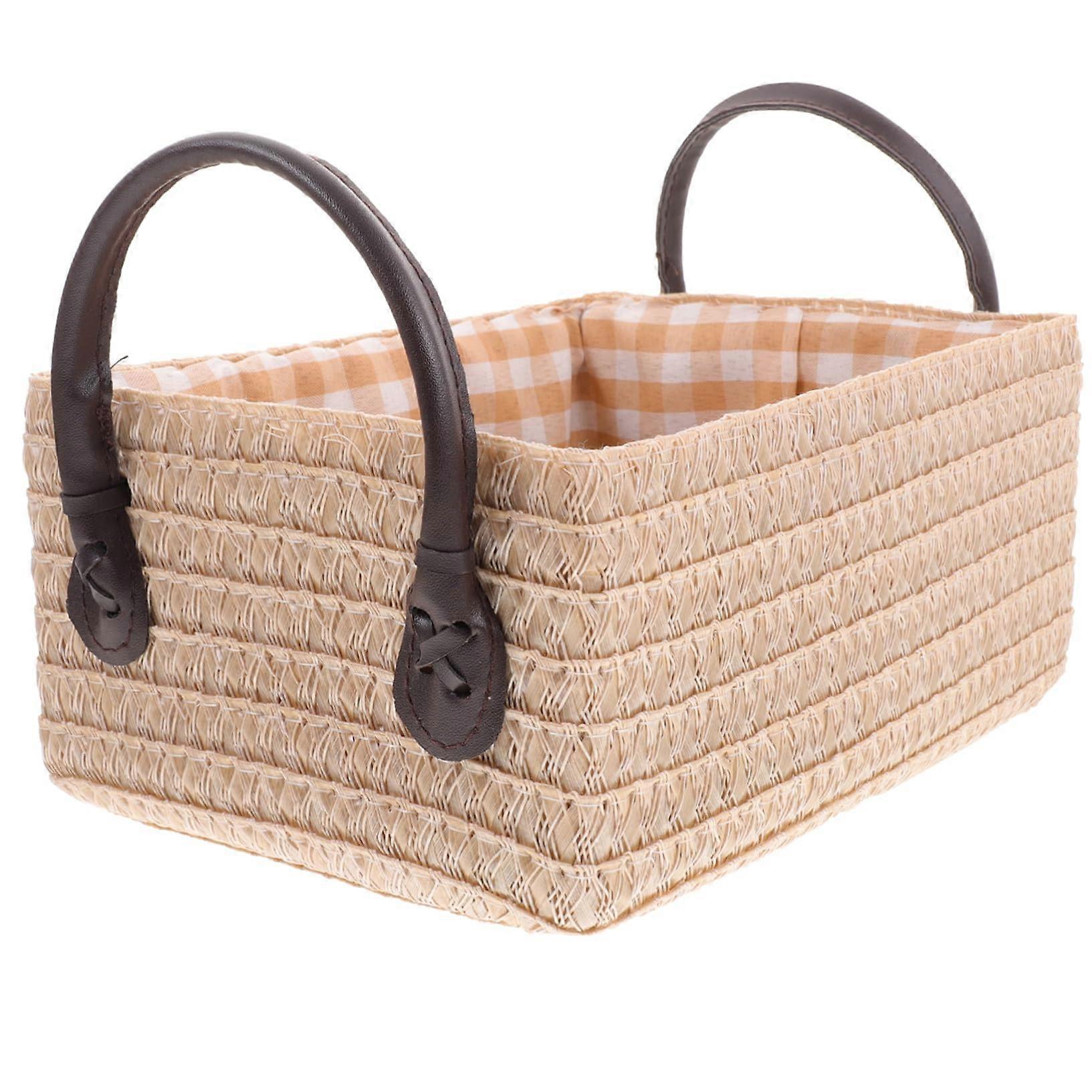 Beige Small Desktop Clothes Organizer Basket With Handle, Woven Storage Bin For Cosmetics And Sundries