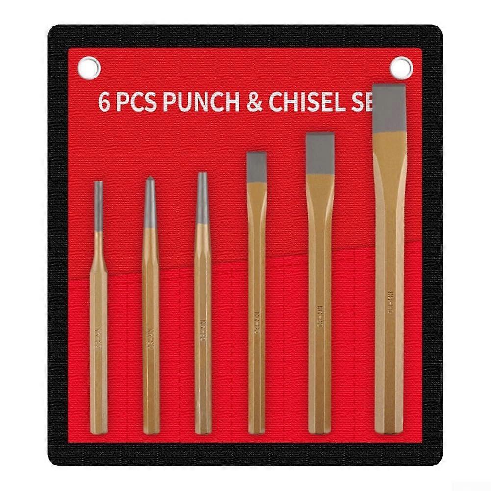 6Piece Flat Chisel and Center Punch Set for Stone Processing, Storage Pouch, Compatible with Brickwork Concrete Tools