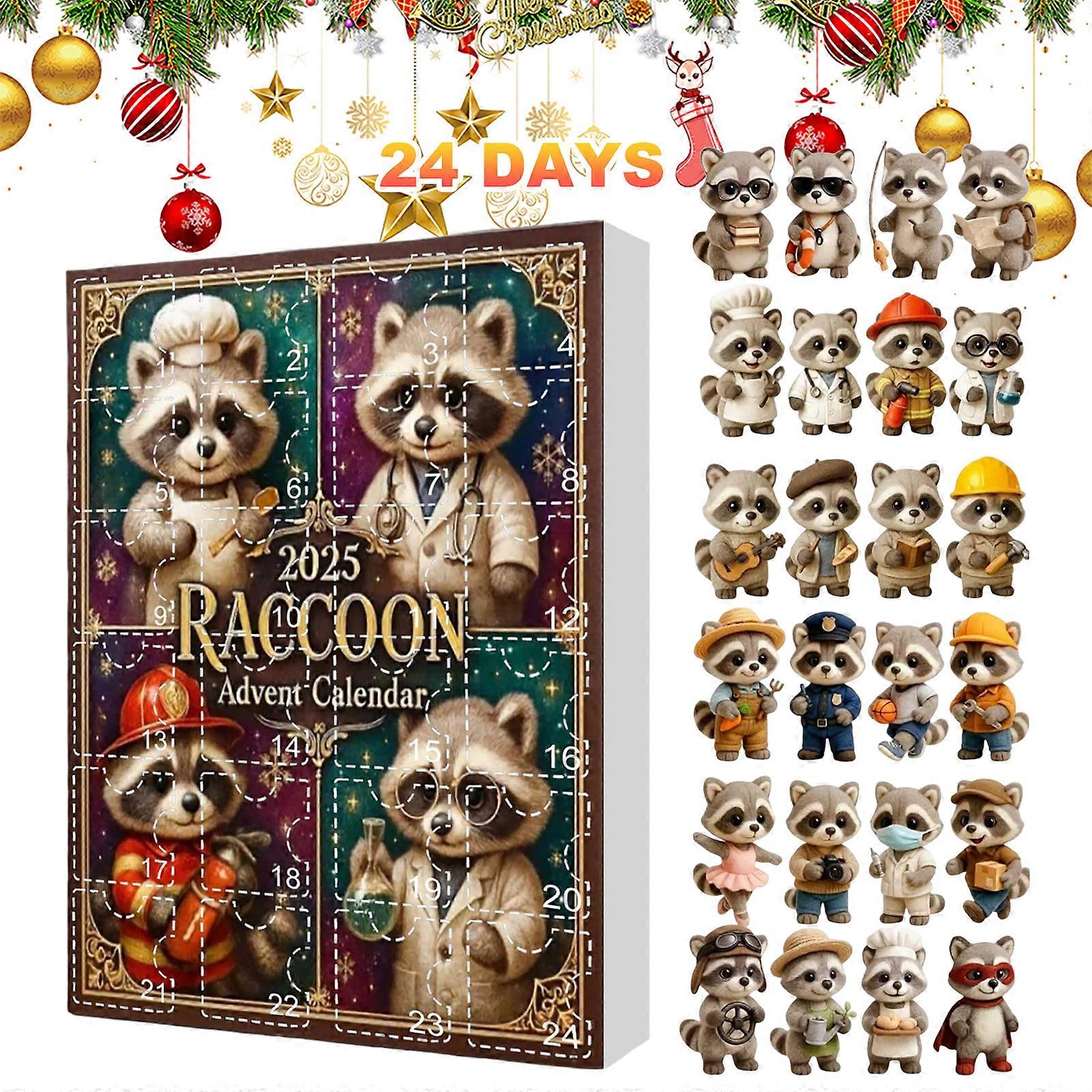 Raccoon 24 Days Christmas Countdown Calendar with 24 2D Flat Raccoon Ornaments Christmas Advent Calendar Xmas Countdown Calendar