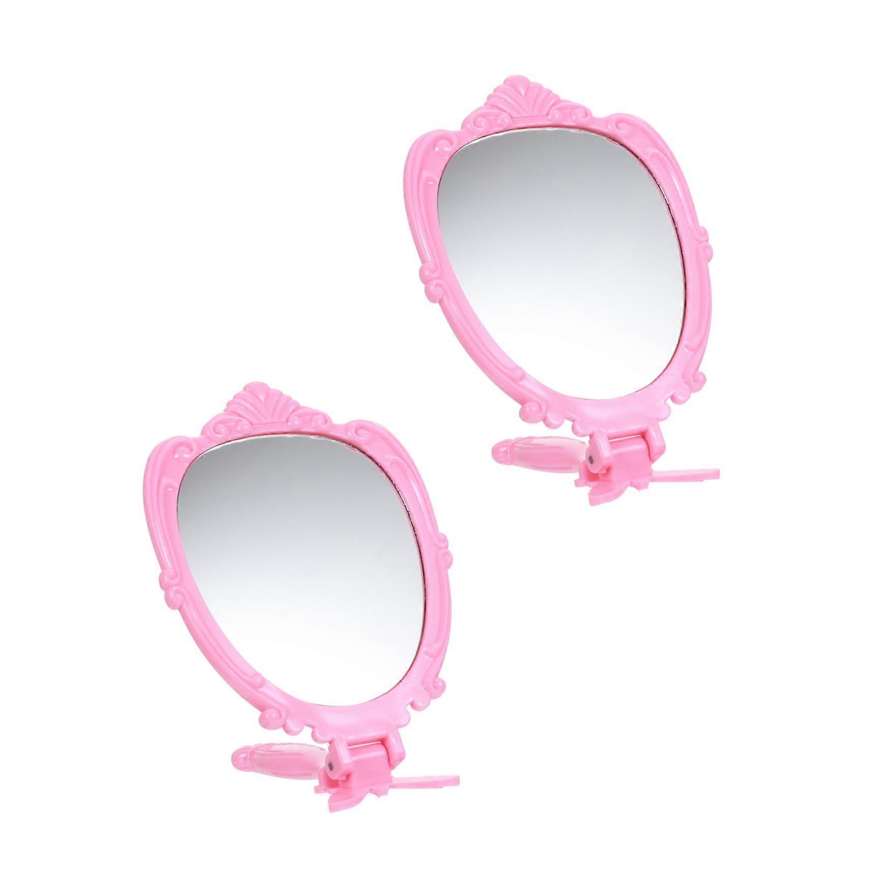 2pcs Travel Makeup Mirror with Foldable Handle Retro Style Clear Reflection for Beauty Use
