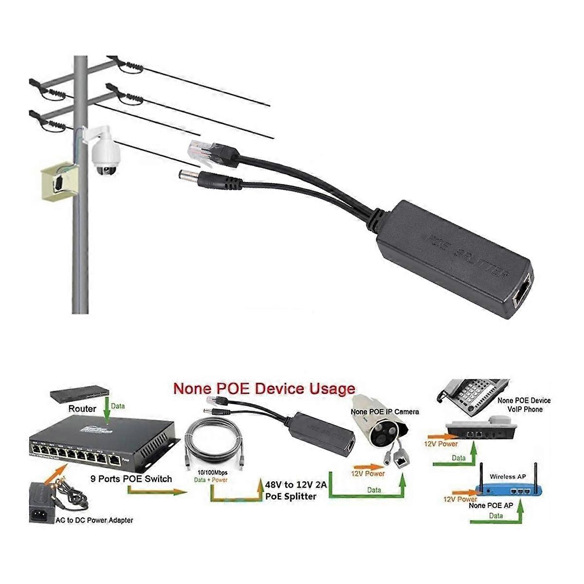 12V 2A Power Over Ethernet POE Splitter Adapter for IP Cameras Black