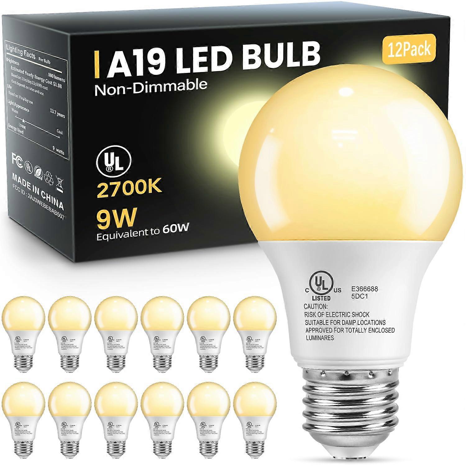 12 Pack A19 LED Light Bulbs 60W Equivalent Soft White 2700K 800 Lumens E26 Base NonDimmable Energy Saving