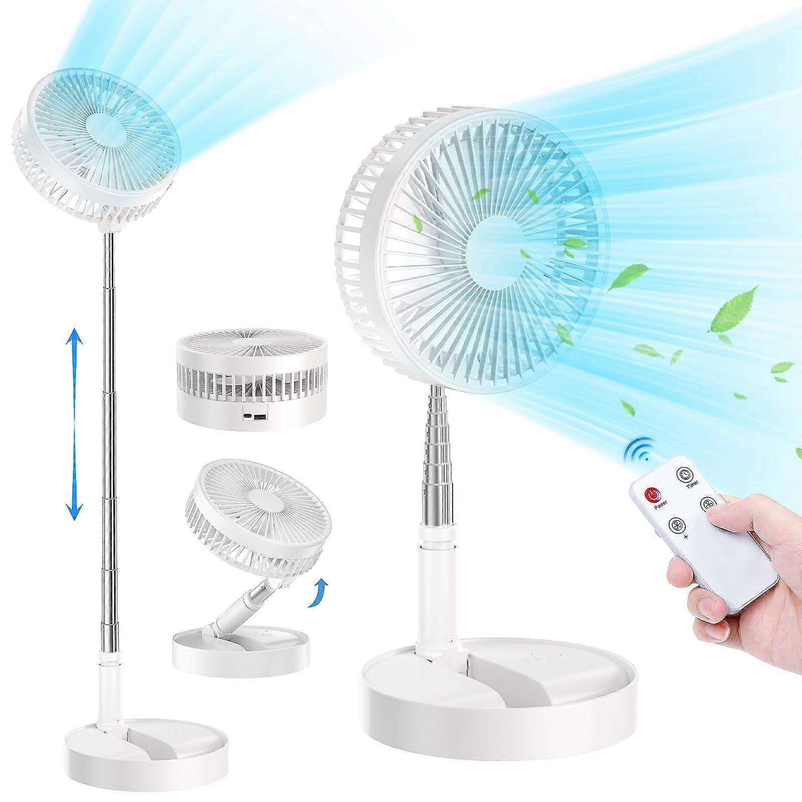 Rechargeable Pedestal Fan with Foldable Height Adjustment, 4 Speeds, Remote, USB Charging, White