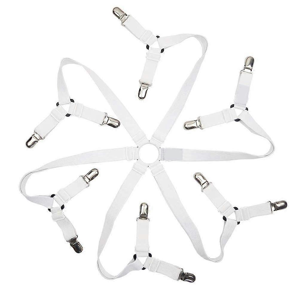 Adjustable Bed Sheet Straps with SixDirection Grip and FabricSafe Clips for Secure Fit, White