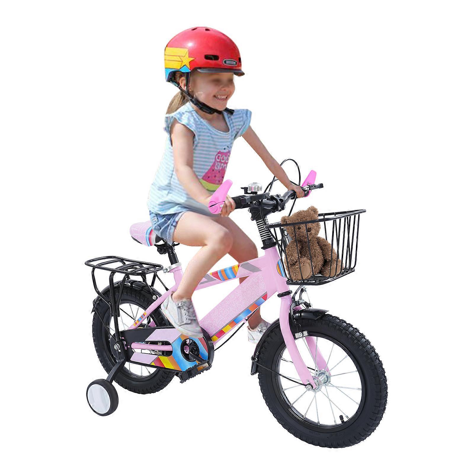 Bicicleta infantil de 14 polegadas com rodinhas de apoio e assento ajustável, rosa/roxa, para crianças de 3 a 6 anos.