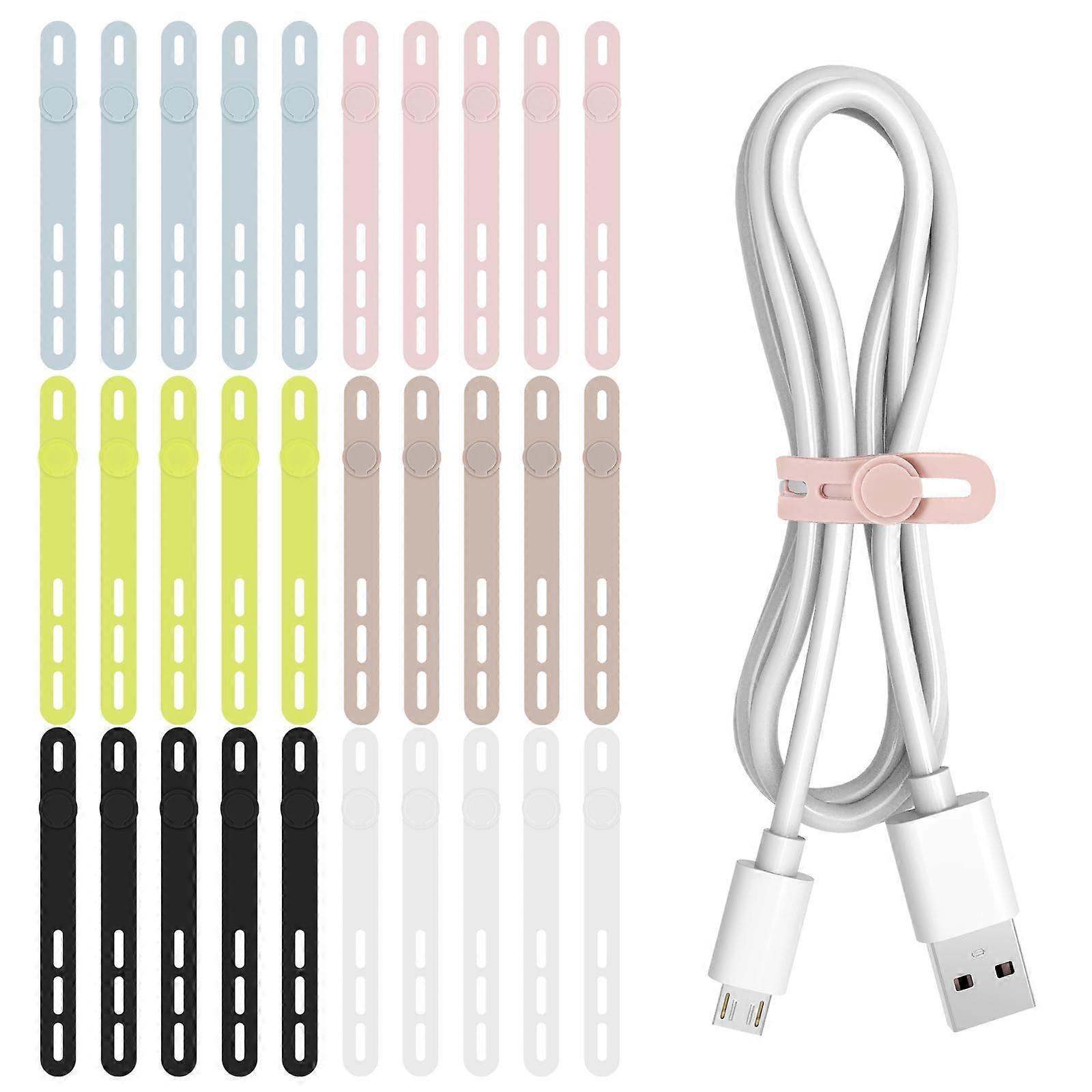 30Pcs Silicone Cable Ties with Adjustable Locking Buckle, Reusable MultiColor Cord Organizer Straps