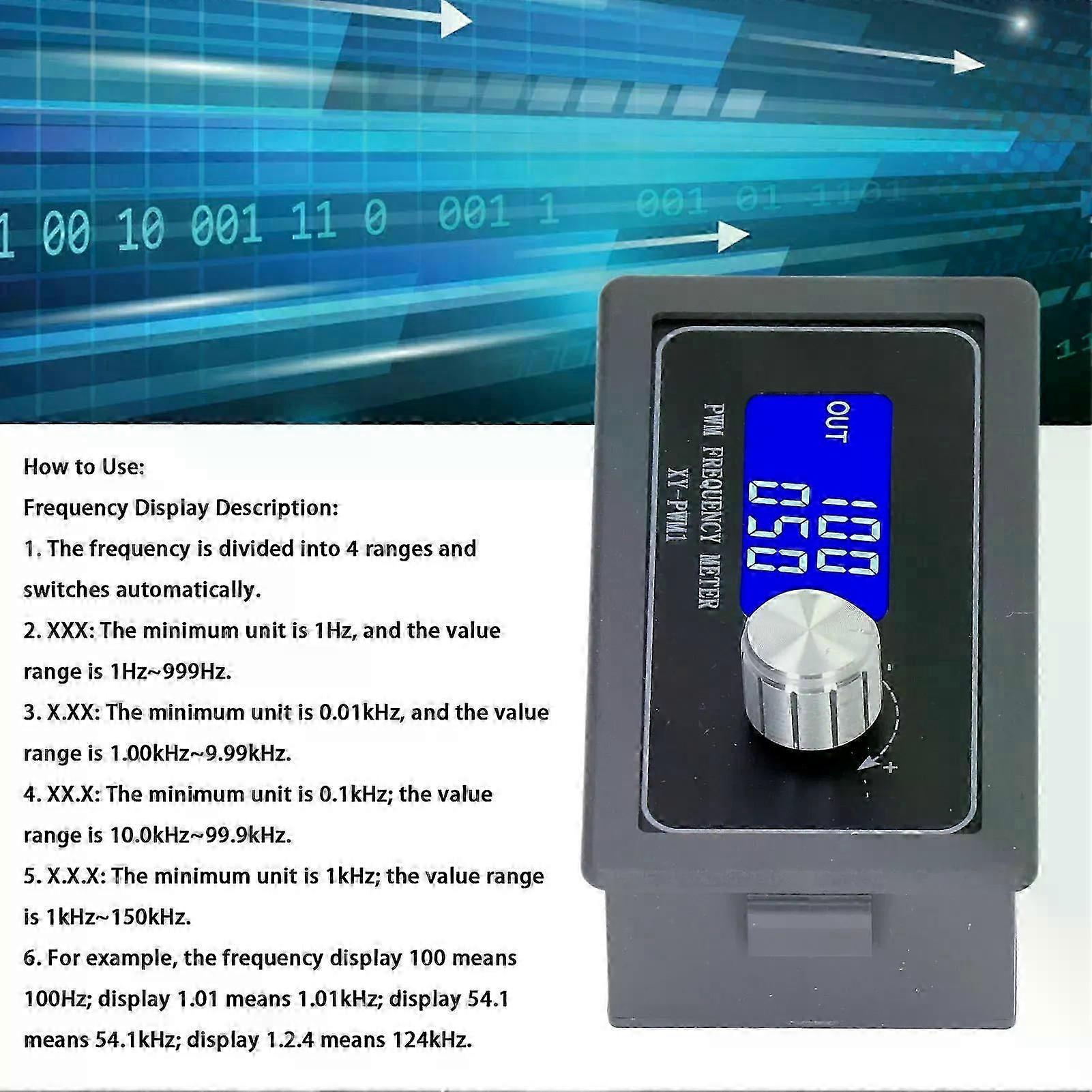 Frequency generator with PWM square wave signal pulse and adjustable LCD display for motor operation.