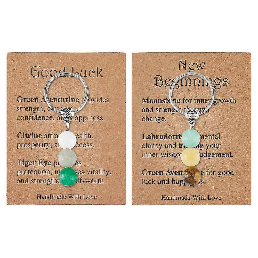 2pcs 2 styles Alloy with Gemstone Beads and Iron Keychains 51mm 1pc/style