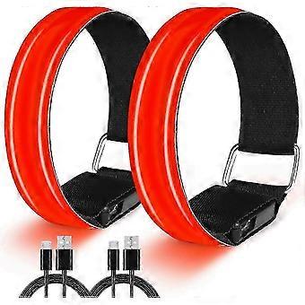 Lumières de brassard de course à LED rechargeables avec bandes réfléchissantes pour le jogging - 2pcs Équipement de sécurité rouge pour les sports de nuit