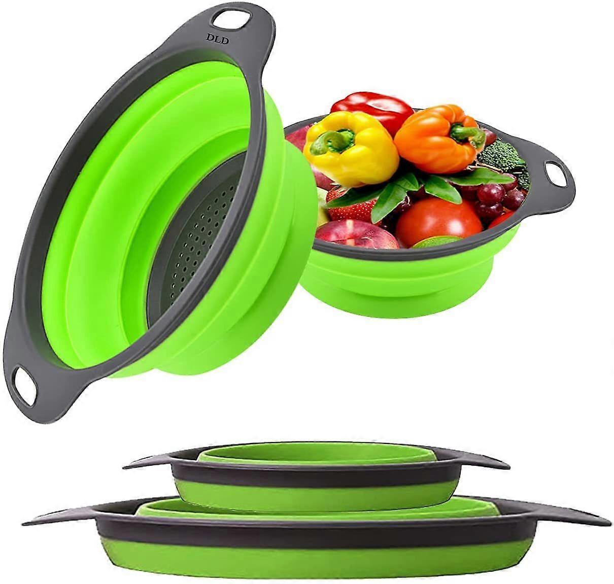 DLD Collapsible Colander Set - 2 Foldable Silicone Strainers (8" & 9.5") for Easy Draining & Space-Saving Kitchen Tool