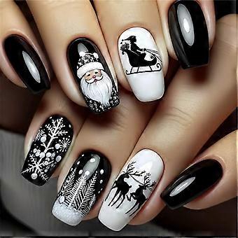 24Pcs Weihnachten Stick On Nail Baum Schlitten Rentier Designs Press On Nägel Glänzende Acryl Full Cover Falsche Nägel für Frauen