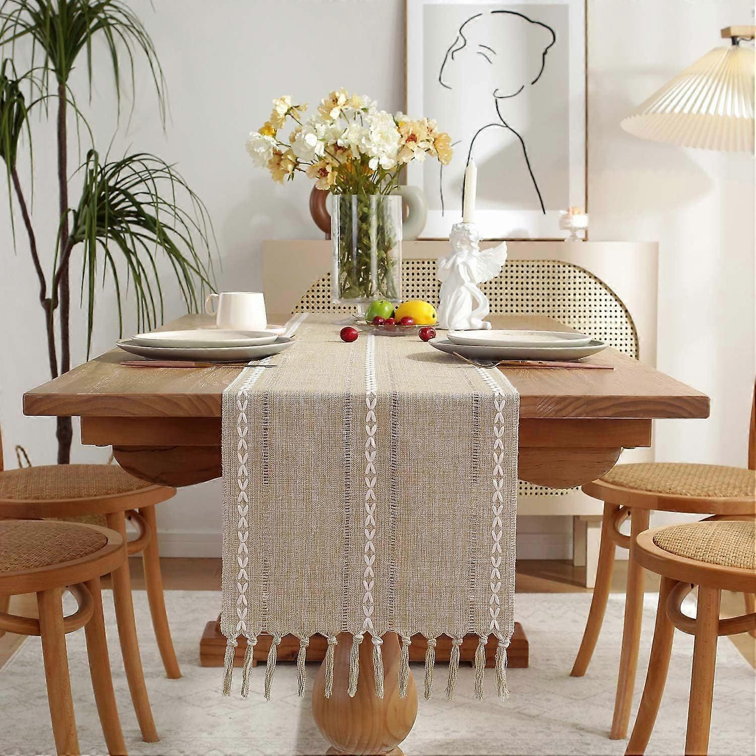 Boho Linen Table Runner for Home Decor, 120" Extra Long Farmhouse Rustic Macrame