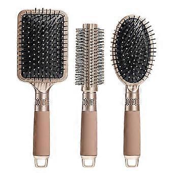 Hair Brush Set, Detangling Nylon Pin Massage Paddle Brush, Cushion Hair Comb, Round Hair Brush for Women Men Kids, Gold