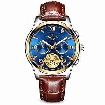 Men's Mechanical Watch FNGEEN Brown Leather Strap Two-Tone Gold Blue Dial Waterproof Sports JY