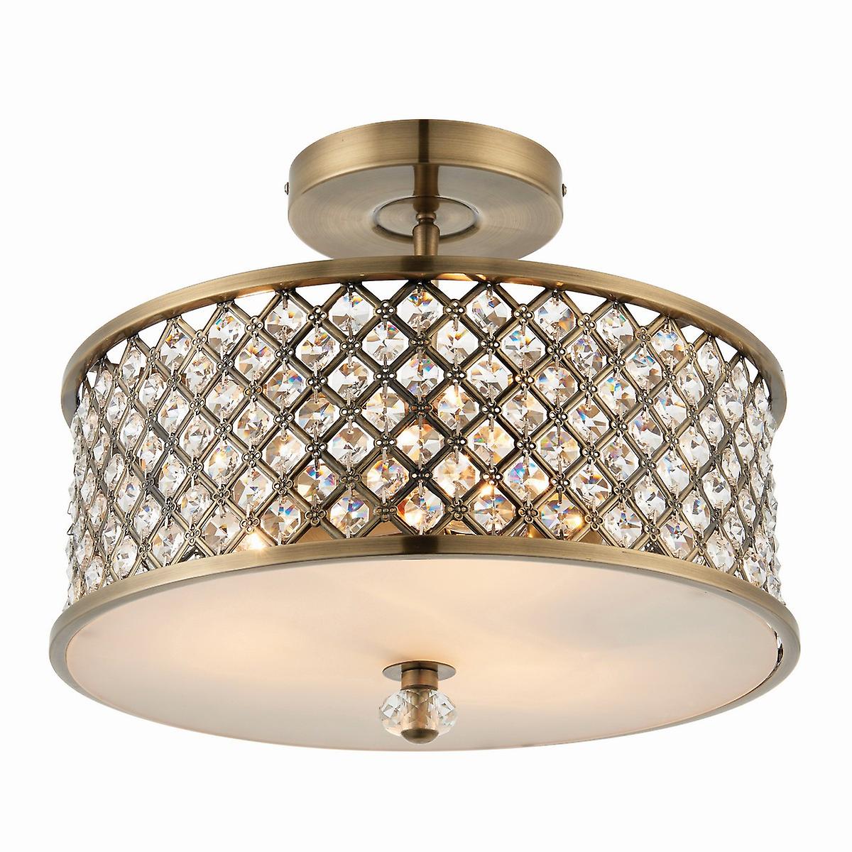 Endon Hudson - 3 Light Flush Ceiling Light Antique Brass, Crystal, E27