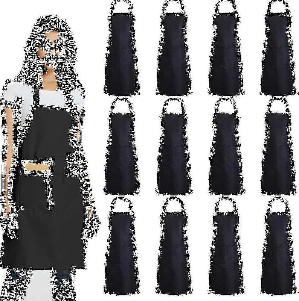 12 Pack Plain Bib Aprons With 2 Pockets - Black Unisex Commercial Apron Bulk
