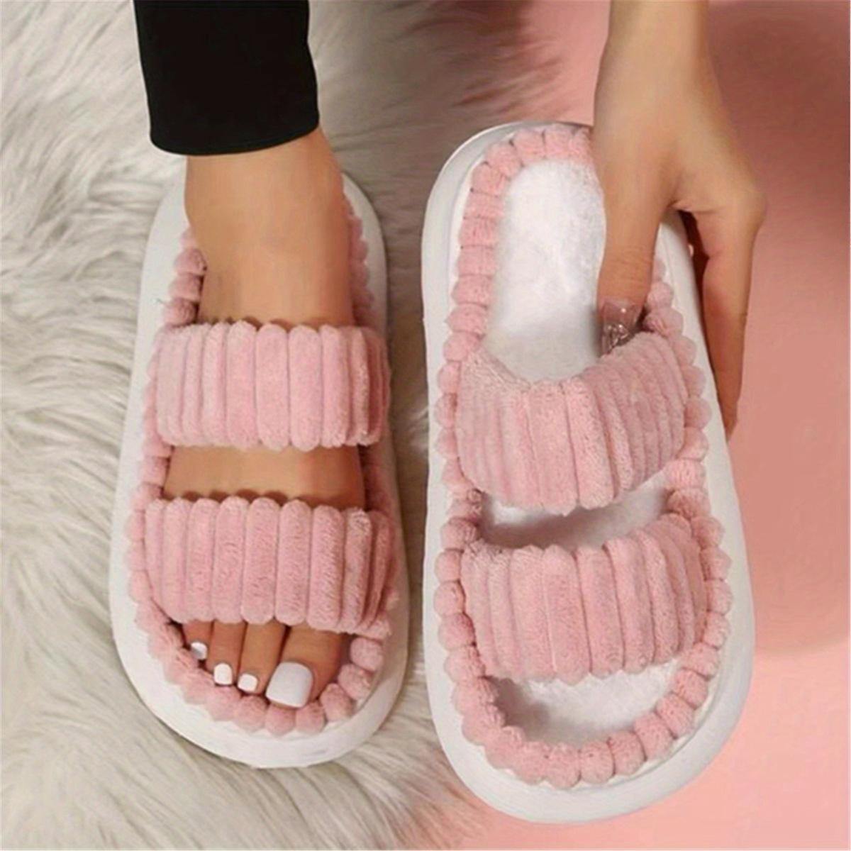 Women S Double Straps Plush Slippers  Solid Color Open Toe Non Slip Comfy Slides Shoes  Fashion Indoor Platform Slippers